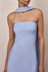 Charly | Powder Blue Matte Satin Bandeau Maxi Dress With Scarf-Detail