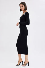Black Midi Dress Long Sleeve Sweetheart Contrast Bind