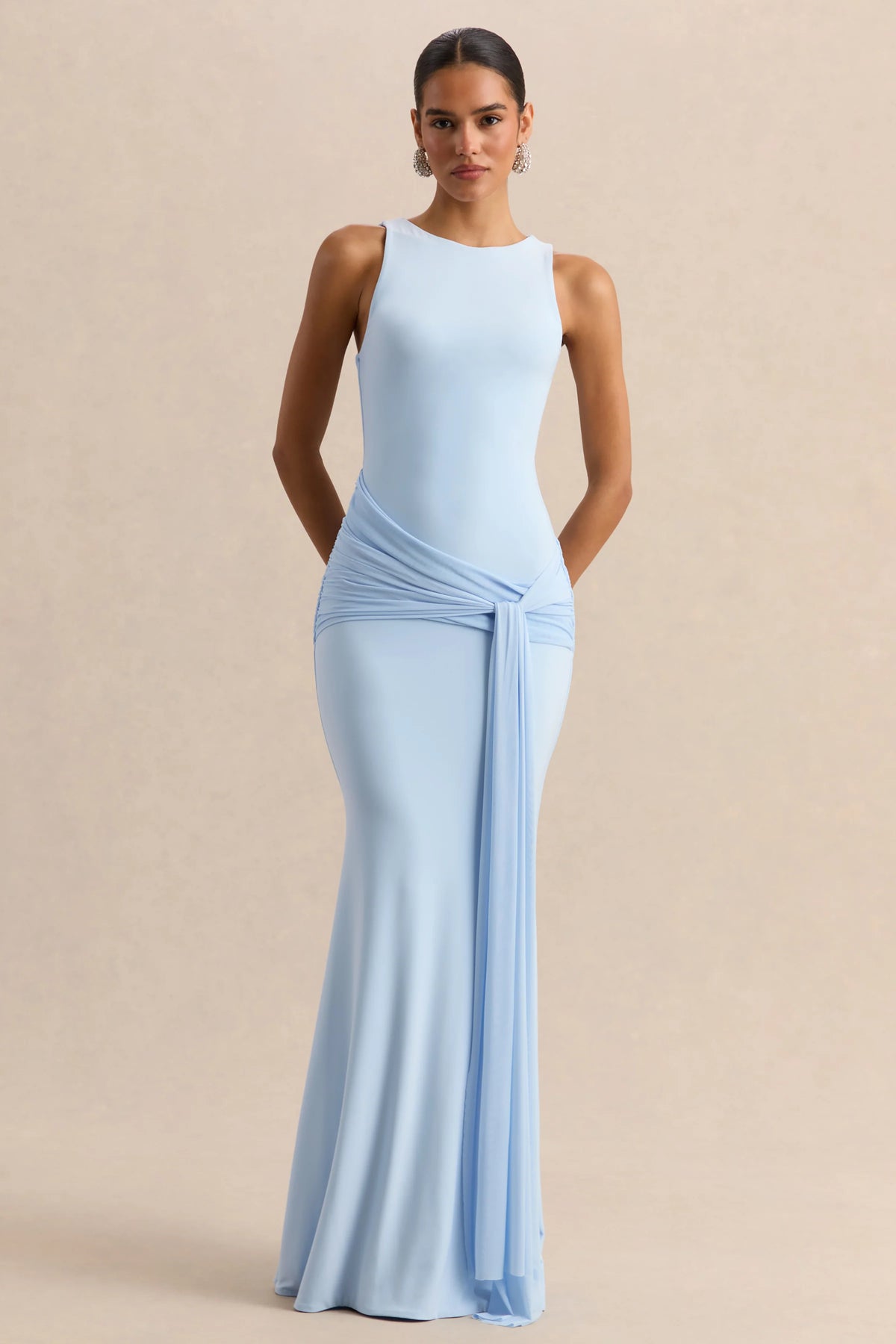 Mirene | Powder Blue Round-Neck Maxi-Dress With Gathered-Detailing And Sash