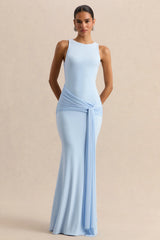 Mirene | Powder Blue Round-Neck Maxi-Dress With Gathered-Detailing And Sash