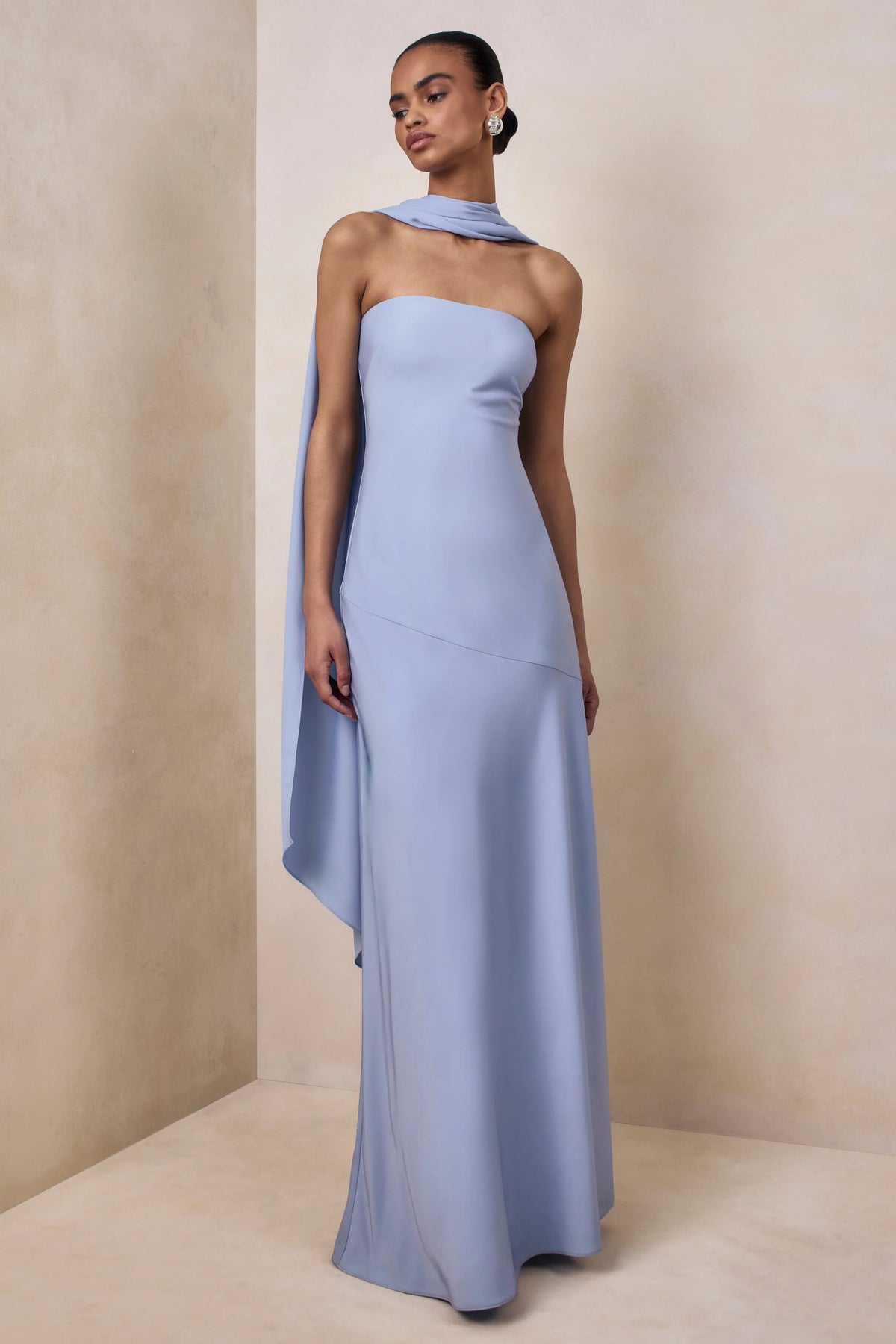 Charly | Powder Blue Matte Satin Bandeau Maxi Dress With Scarf-Detail