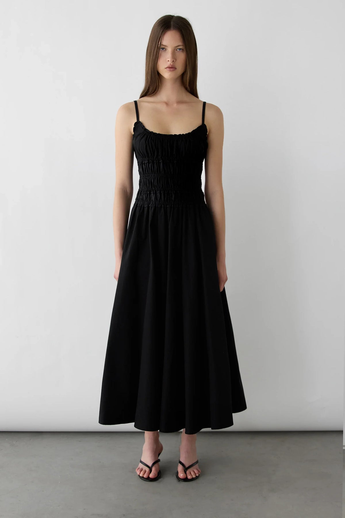 SHIRRED COTTON POPLIN MIDI DRESS