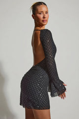 Embellished Open-Back A-Line Mini Dress in Black