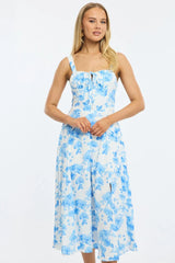 Blue Floral Midi Dress Ruched Bust