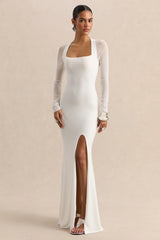 Fleurisia | White Square-Neck Maxi Dress With Mesh Long-Sleeves