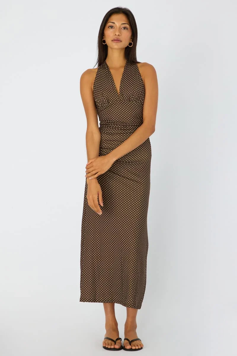 Brown Polka Dot Halter Neck Midi Dress