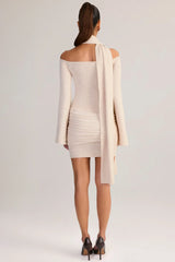 Knit Scarf-Detail Off-Shoulder Mini Dress in Cream