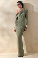 Rosirene | Olive Asymmetric-Neck Maxi Dress With Draped-Detailing