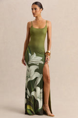 Yasmine | Olive Lily Print Square-Neck Maxi Dress With Front High-Split