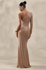 Laurine | Nude Hotfix Asymmetric-Neck Maxi Dress