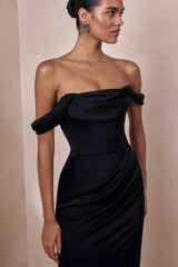 Celinea | Black Satin Bardot-Neck Maxi Dress With Front-High Split