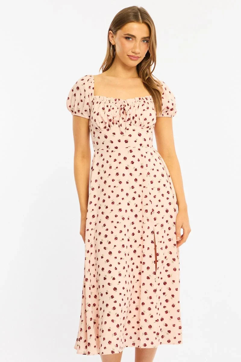 Pink Ditsy Midi Dress Puff Sleeve