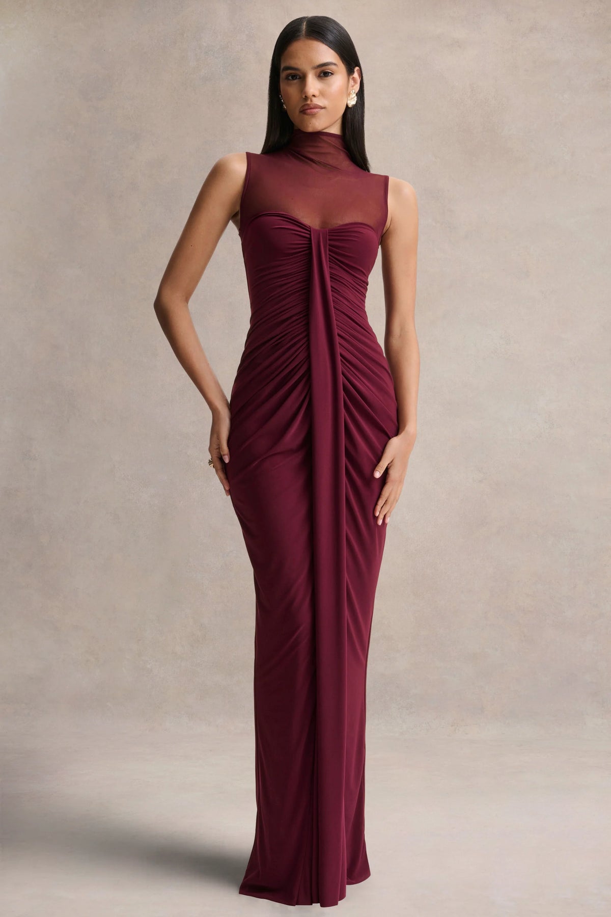 Brialle | Burgundy High-Neck Maxi Dress With Mesh And Gathered-Detailing