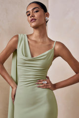 Kenza | Mint Asymmetric-Neck Maxi Dress With Scarf-Detail