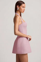 Pinstripe Halterneck Structured A-Line Mini Dress in Mauve