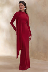Amaria | Red High-Neck Maxi Dress With Sash-Detail