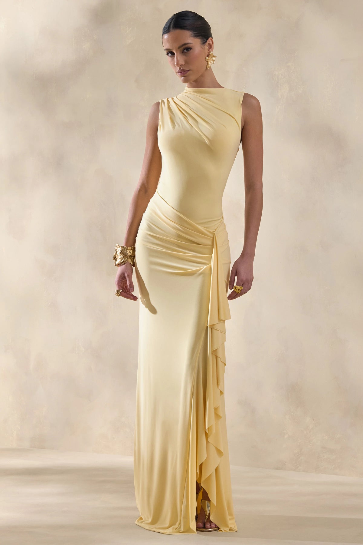 Helessia | Lemon Asymmetric-Neck Maxi Dress With Gathered-Detailing And Sash