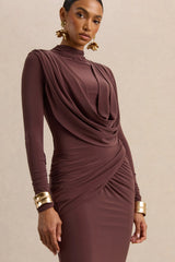 Karinthia | Brown High-Neck Maxi Dress With Draped-Detailing
