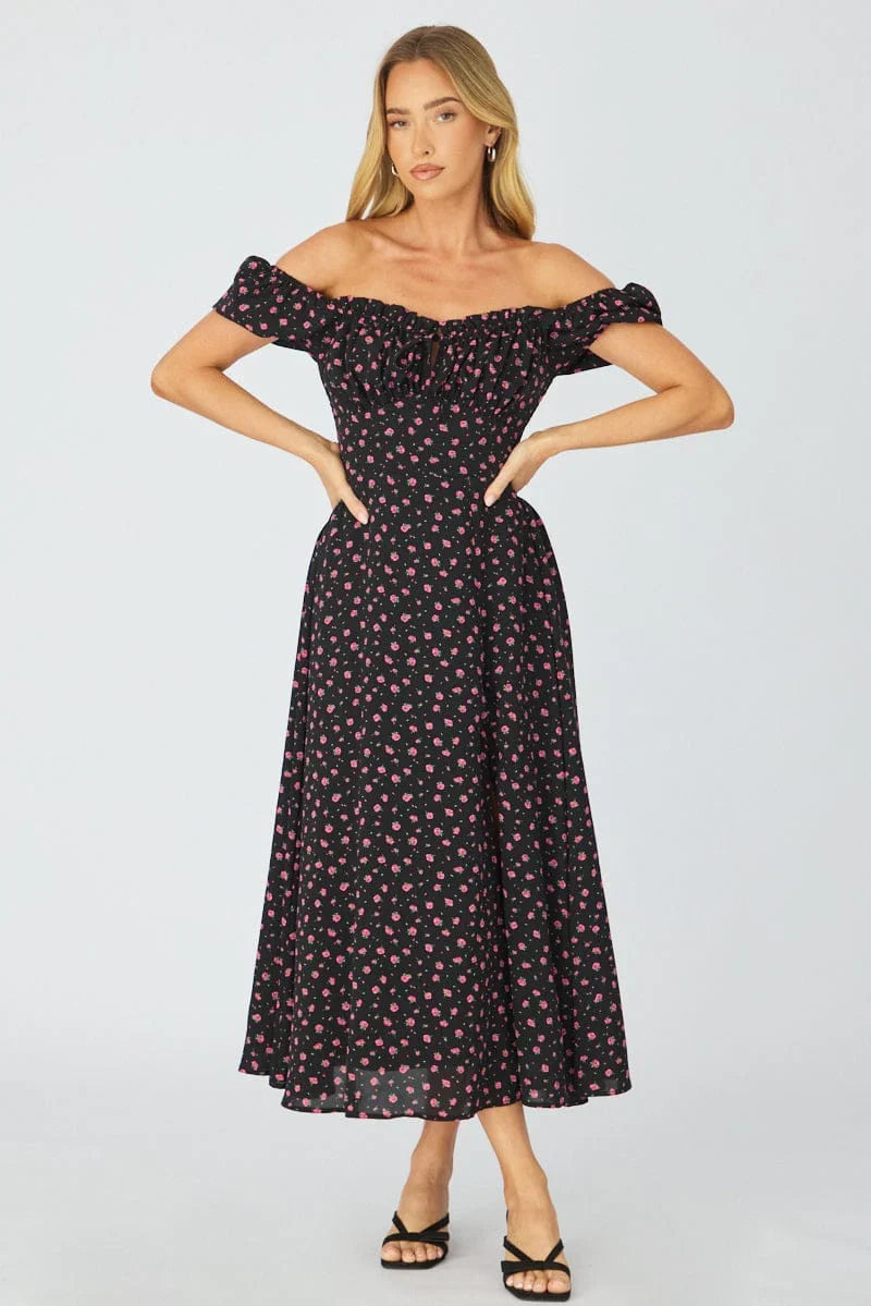 Black Ditsy Midi Dress Puff Sleeve