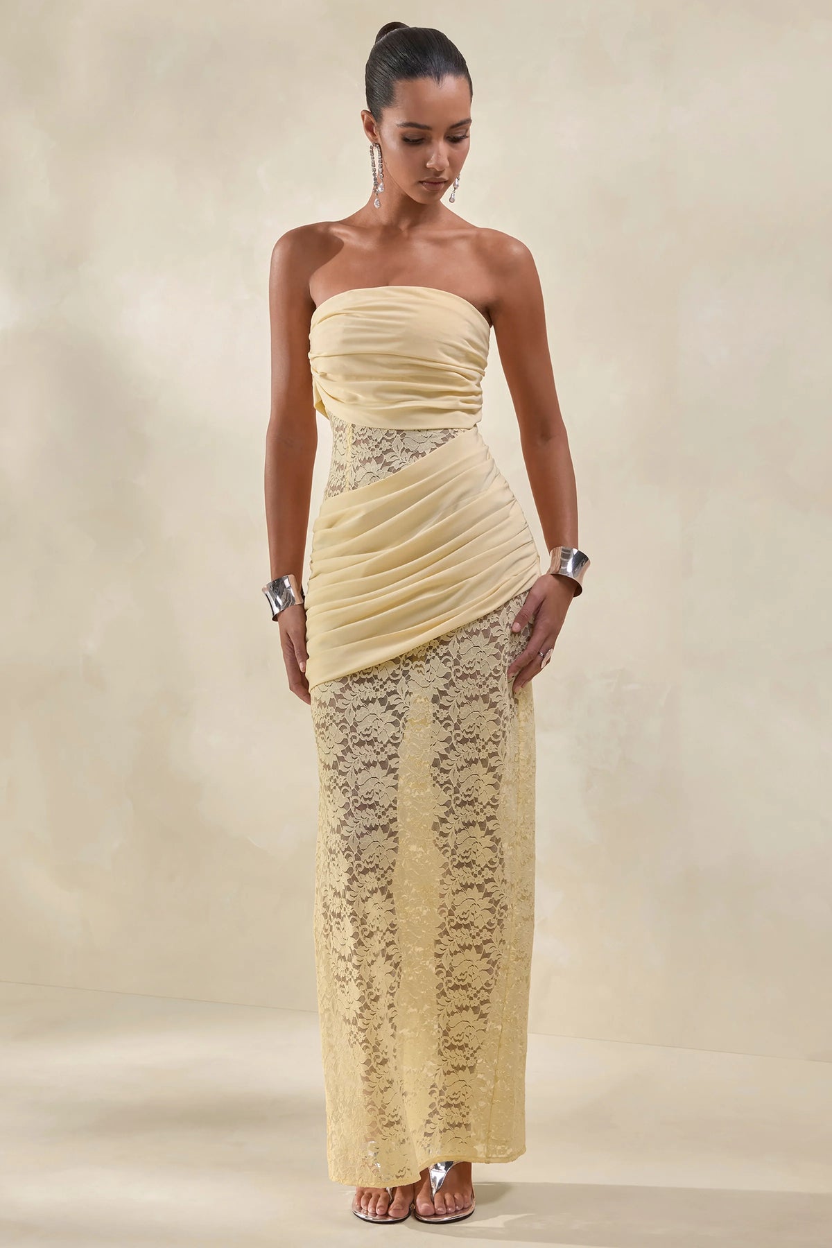 Lalita | Lemon Lace And Satin Bandeau Maxi Dress With Wrap-Details