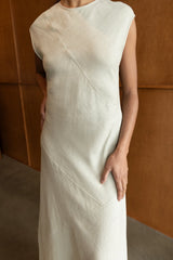 LINEN BLEND SLEEVELESS BIAS CUT MIDI DRESS