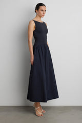 BOAT NECK GATHERED WAIST MIDI DRESS