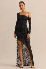 Orlania | Black Lace Asymmetric-Neck Maxi Dress With Asymmetric-Hem
