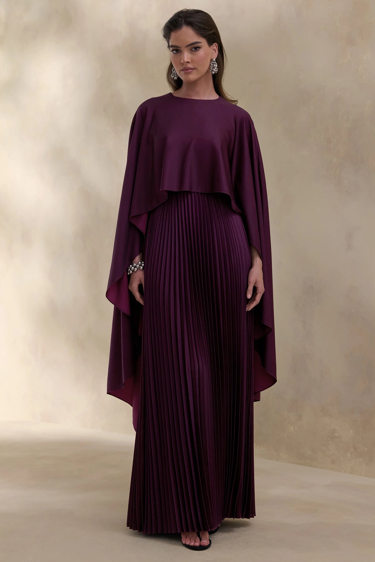 Loradia | Dark Plum Satin Round-Neck Maxi Dress With Cape-Sleeves And Pleated-Skirt