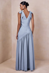 Cala | Powder Blue Matte Satin Plunge-Neck Maxi Dress With Bow-Sleeves