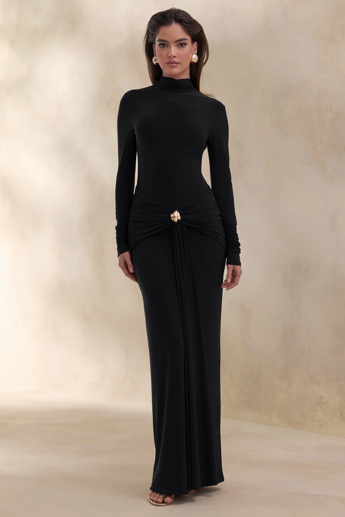 Ambrette | Black High-Neck Maxi Dress With Gathered-Detailing