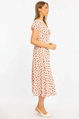 Pink Ditsy Midi Dress Puff Sleeve