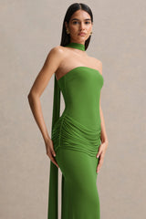 Graciella | Green Bandeau Maxi Dress With Draped Detailing And Scarf