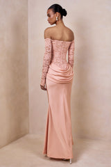 Rinna | Pink Lace And Satin Bardot-Neck Maxi Dress