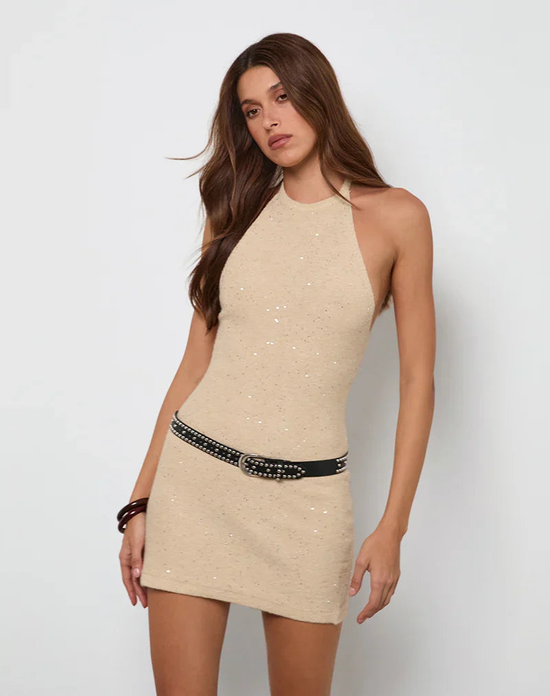 Yakanta Mini Dress in Sequin Knit Gold
