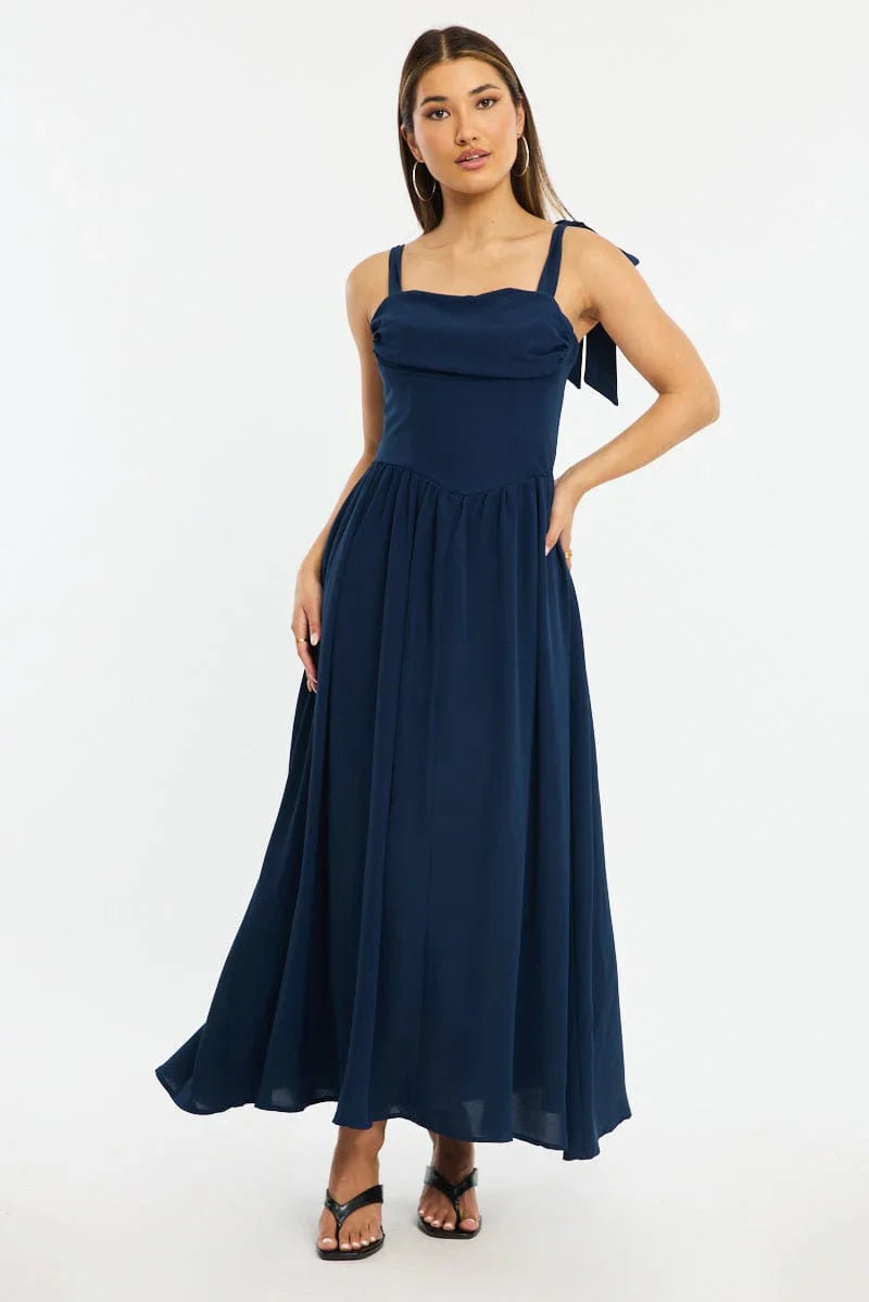 Blue Maxi Dress Tie Shoulder