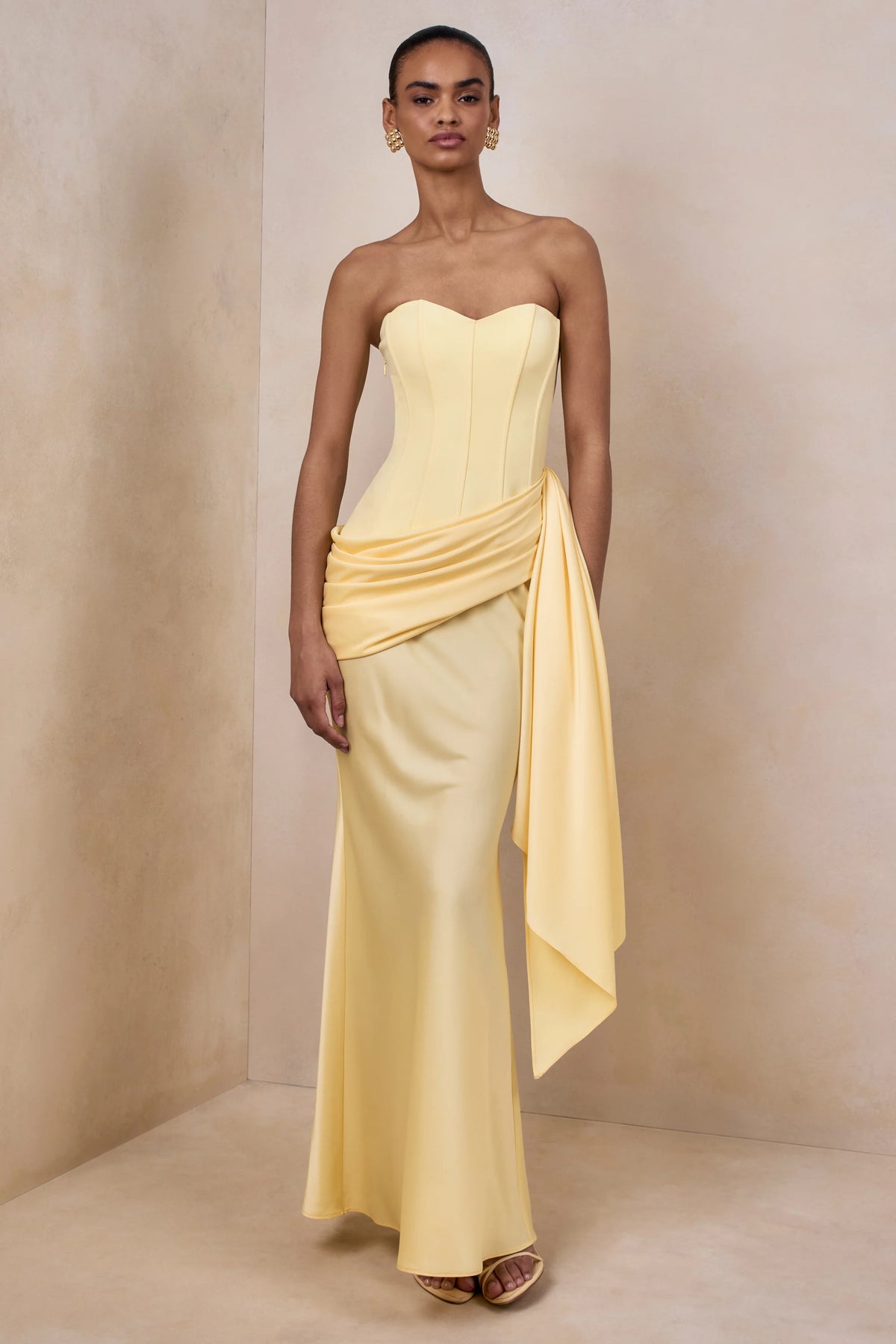 Nalira | Lemon Satin Bandeau Maxi Dress With Draped Skirt
