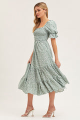 Print Puff Sleeve Tiered Maxi Dress