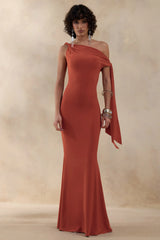 Vista | Rust Asymmetric-Neck Maxi Dress With Knot-Sleeve Detail