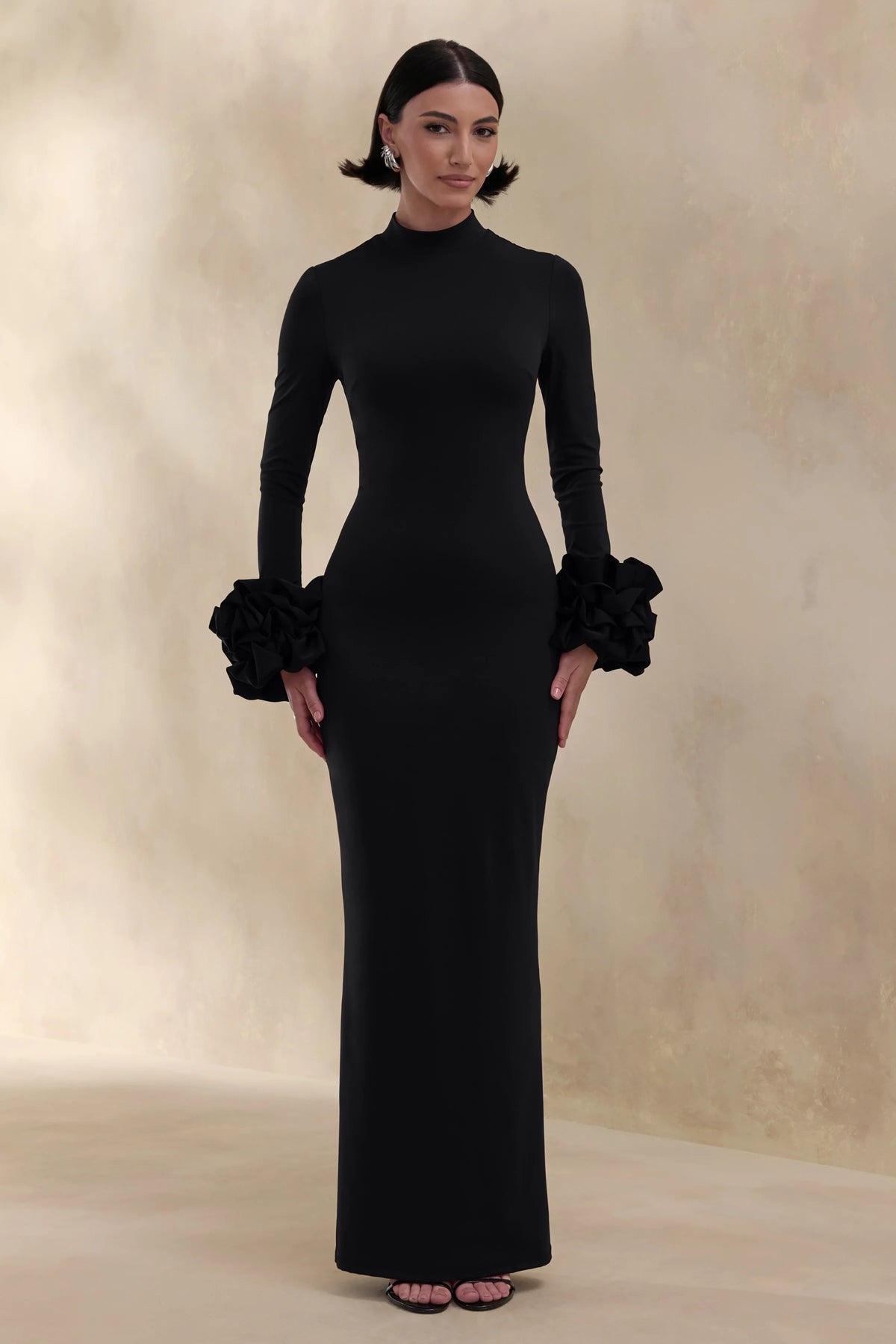 Jaselle | Black High-Neck Maxi Dress With Ruffled Satin-Cuffs