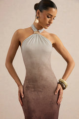 Thera | Brown Ombre Halter-Neck Maxi Dress With Gold Detail