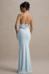 Francoise | Light Blue Cowl Neck Backless Maxi Dress With Lace Insert