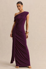 Avialee | Dark Plum Asymmetric-Neck Maxi Dress With Gathered-Detailing And Sash