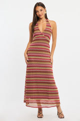 Multi Stripe Midi Dress Halter Neck