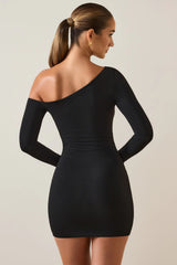 Modal Off-Shoulder Ruched Mini Dress in Black