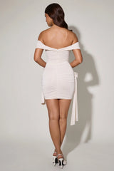 Floral-Detail Off-Shoulder Ruched Bodycon Mini Dress in Ivory