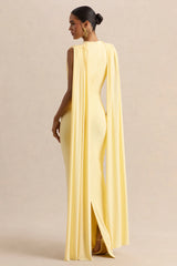 Patrina | Lemon High-Neck Maxi Dress With Draped-Detailing And Cape-Sleeves