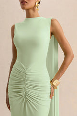 Premiere | Mint Boat-Neck Maxi Dress With Cape-Sleeves And Open-Back