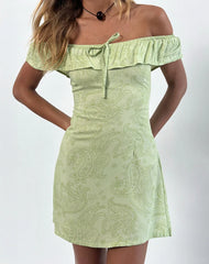 Kenja Bardot Mini Dress in Retro Paisley Lime