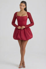Embellished Bubble Hem Mini Dress in Red