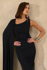 Evalette | Black Asymmetric-Neck Maxi Dress With Cape-Sleeve
